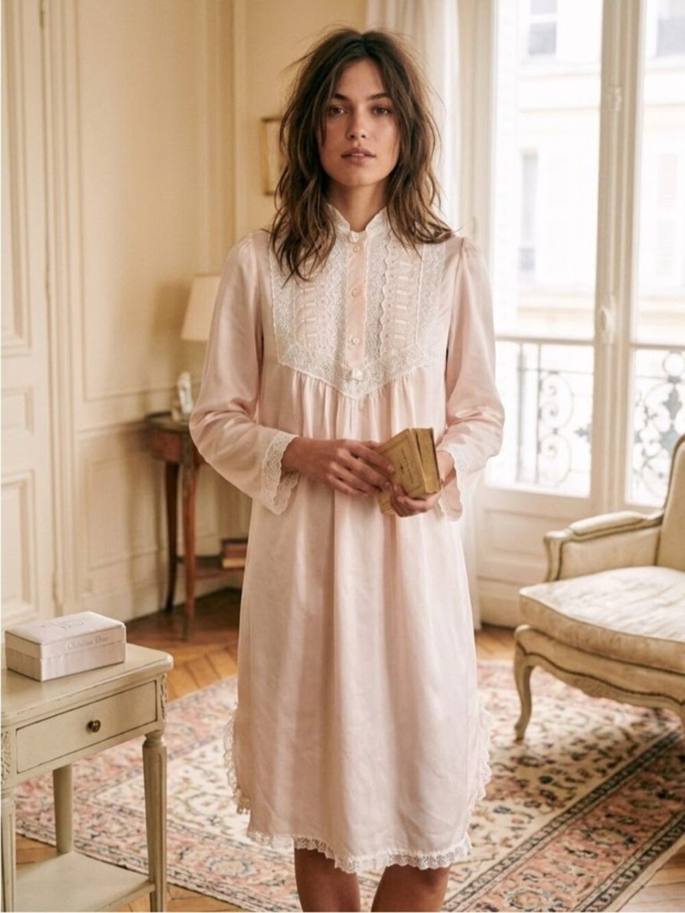 Vintage Christian Dior Ballet Pink Satin Lace Trim Peignoir Nightgown - Small 🩰